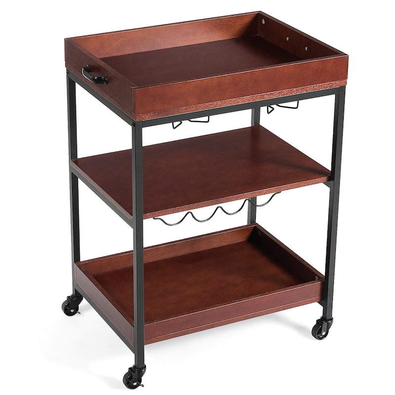 Kitchen Island Cart Rolling Wooden 3 Tier Serving Cart - Brown