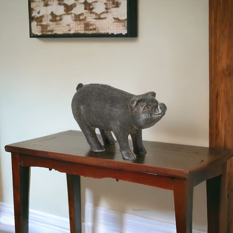 HomeRoots 5" Black Cast Iron Pig Hand Painted Sculpture - 4.5" H x 9" W x 3" D