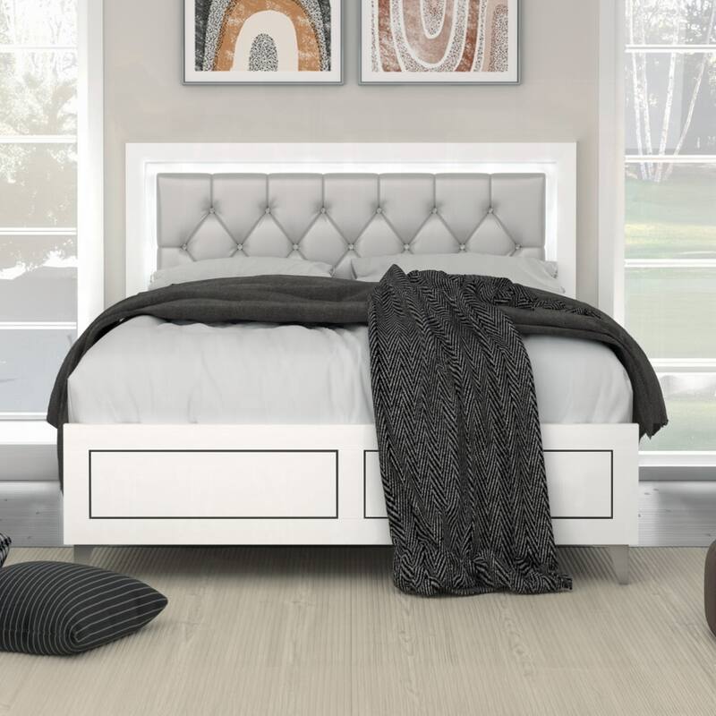 Contemporary Queen Bed with Tufted LED Headboard, Durable Synthetic Leather, Sturdy Support Legs, Easy Assembly. - Grey+White - Queen