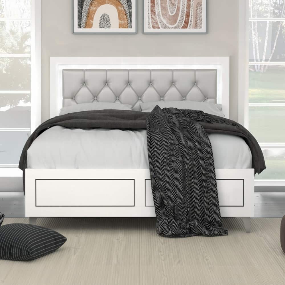 Grey & White Queen Bed with LED Headboard, Tufted Design & Sturdy Slat Support
