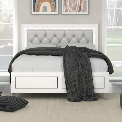 Queen Platform Bed with LED Headboard, Faux Leather Upholstery and Tufted Design with Sturdy Slats and Support Legs