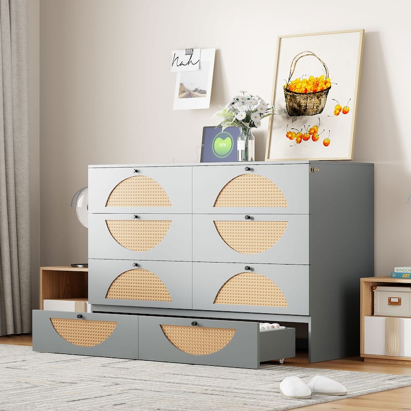 Gray Full Size Modern Style Murphy Bed with Large Drawer,USB Ports and Outlets for Bedroom