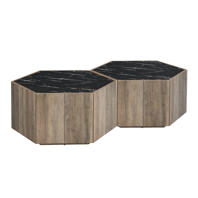 Hexagonal Rustic Coffee Table with 2 Hidden Drawers & Textured White Marble Top - Retro Wood Design