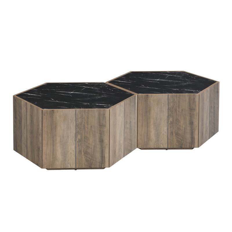 Hexagonal Rustic Retro Wood Coffee Table, with 2 Hidden Drawers, Textured White Marble Tops,Walunt Oak Finish - Perfect