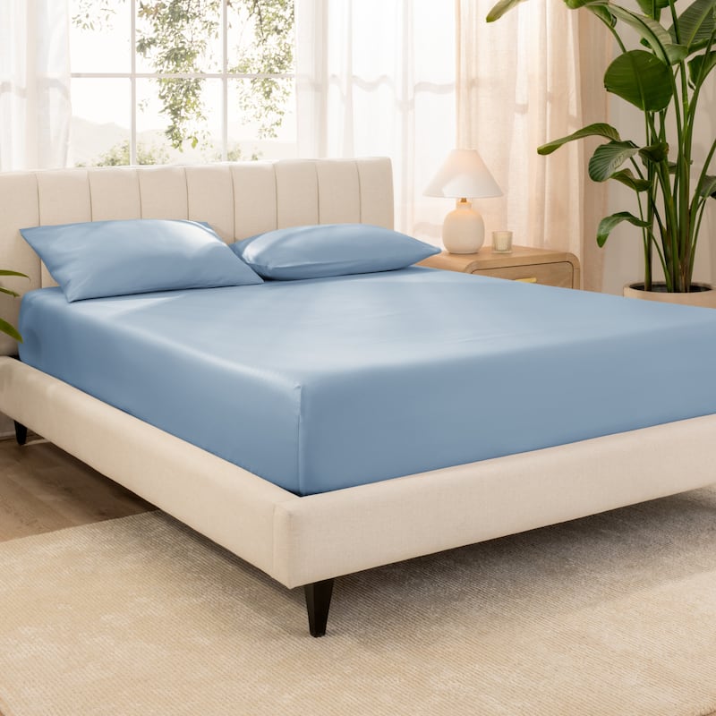 Bare Home Organic Cotton Fitted Sheet - Smoth Sateen Weave - Queen - Dusty Blue