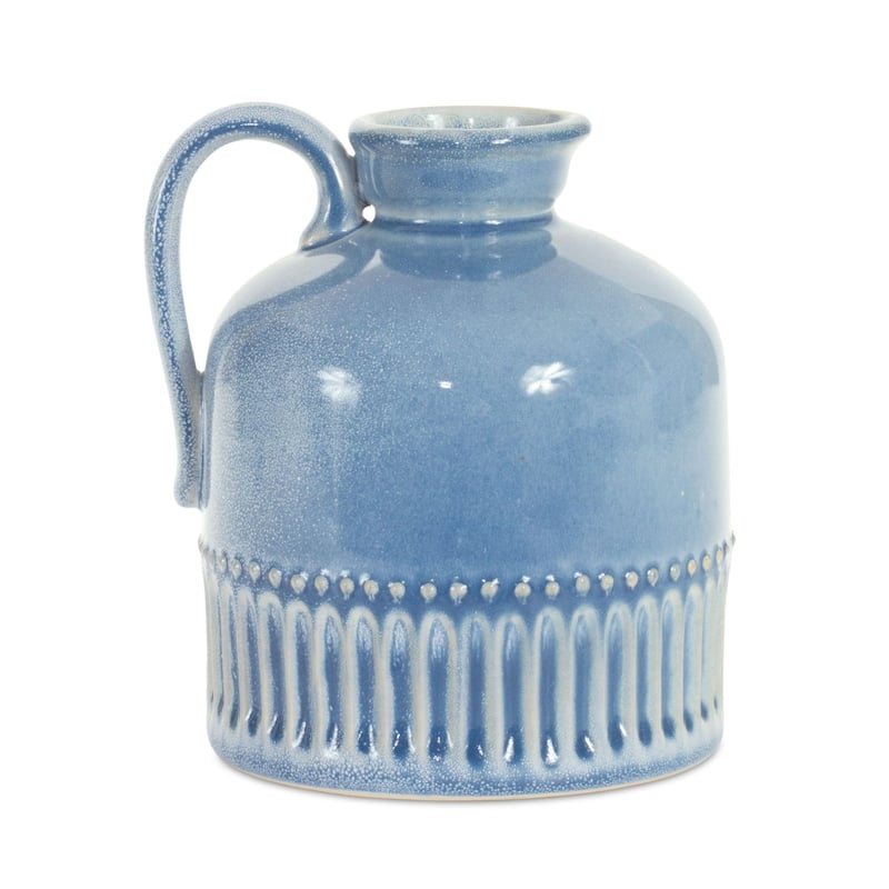 Mini Ceramic Jug Vases with Handle - 6.25" - Blue and White - Set of 2
