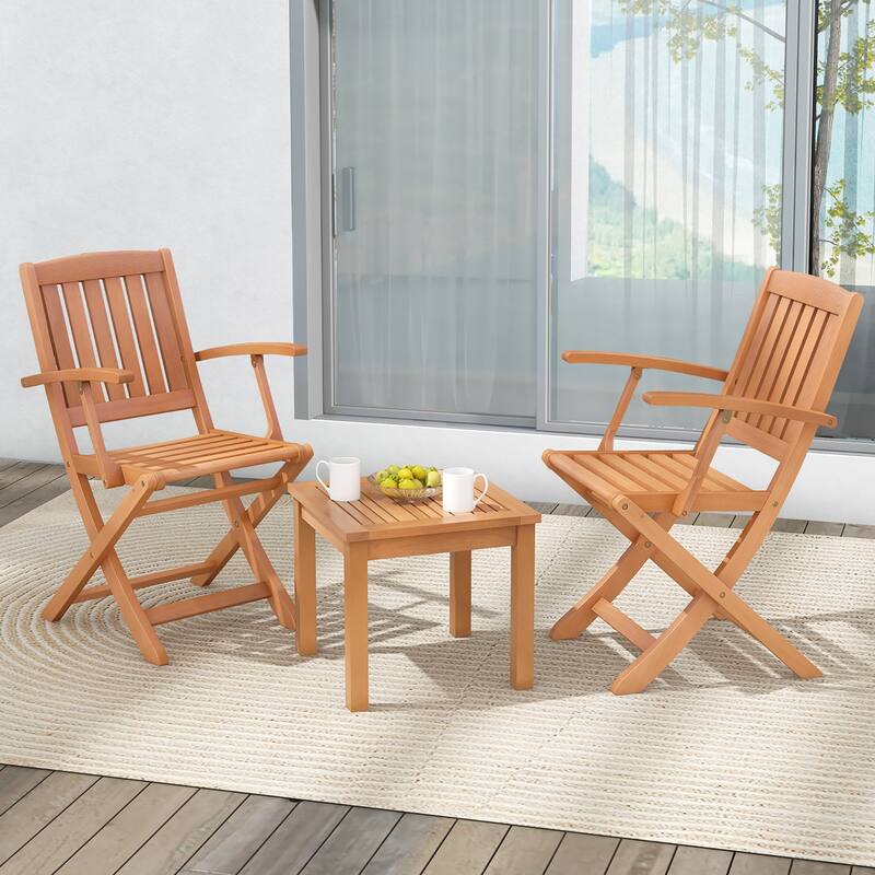 Gymax 3 PCS Eucalyptus Wood Patio Bistro Set w/ 2 Folding Arm Chairs - Orange