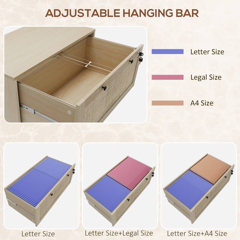Wood Filing Cabinet with Lock, Rattan 2-Drawer Home Office Storage Cabinet with Adjustable Hanging Bar
