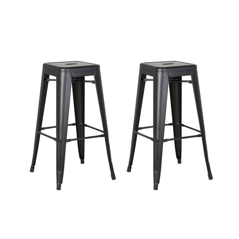 Set of 2 Backless Light Weight Industrial Costal Metal Bar Stools Without Back and 4 Leg Design (30" Seat, Distressed Black) - Black