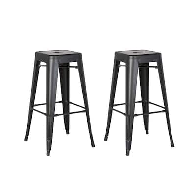 Set of 2 Backless Light Weight Industrial Costal Metal Bar Stools Without Back and 4 Leg Design (30" Seat, Distressed Black)