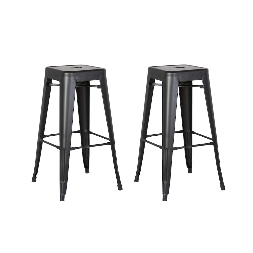 Set of 2 Backless Light Weight Industrial Costal Metal Bar Stools Without Back and 4 Leg Design (30" Seat, Distressed Black)