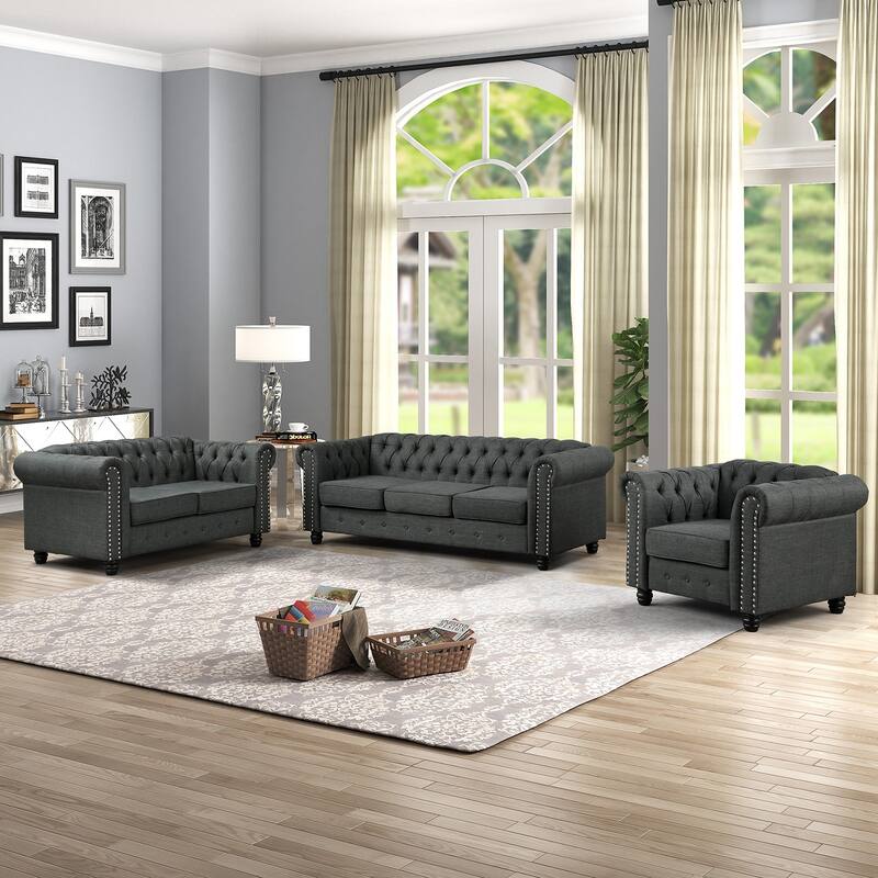 Morden Fort Button Upholstered Chesterfield Set Chair, Loveseat ,Sofa 3 PCS for Living Room,Linen,Solid Wood Legs - Grey