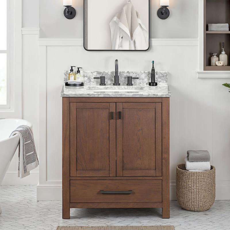 Avanity Modero 30 in. Single Sink Bathroom Vanity with Carrara Marble Top - 31"W x 22"D x 35"H - Mocha Oak
