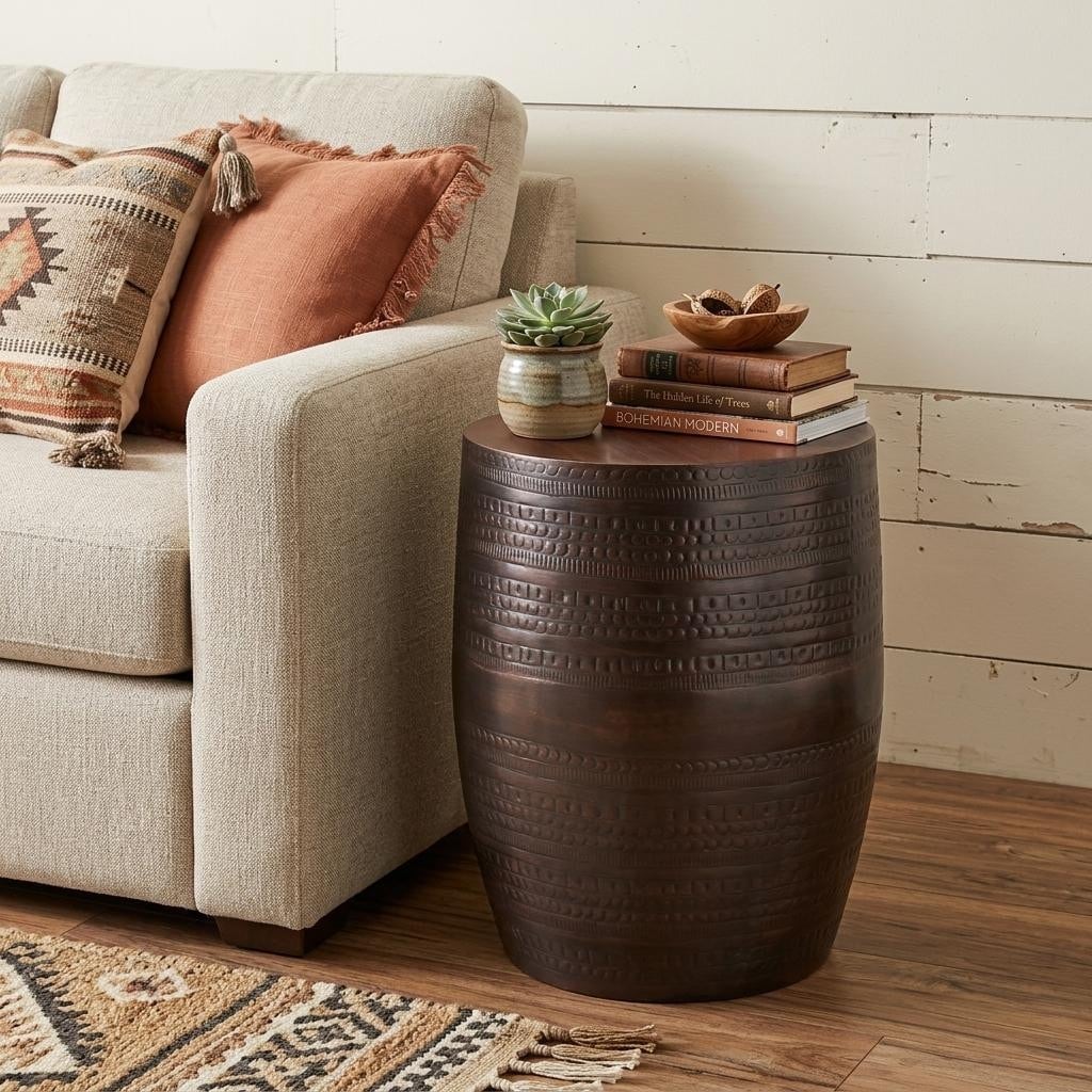 HomeRoots Copper Distressed Iron Round Drum End Table - 15.00 in. x 19.70 in. x 15.00 in.