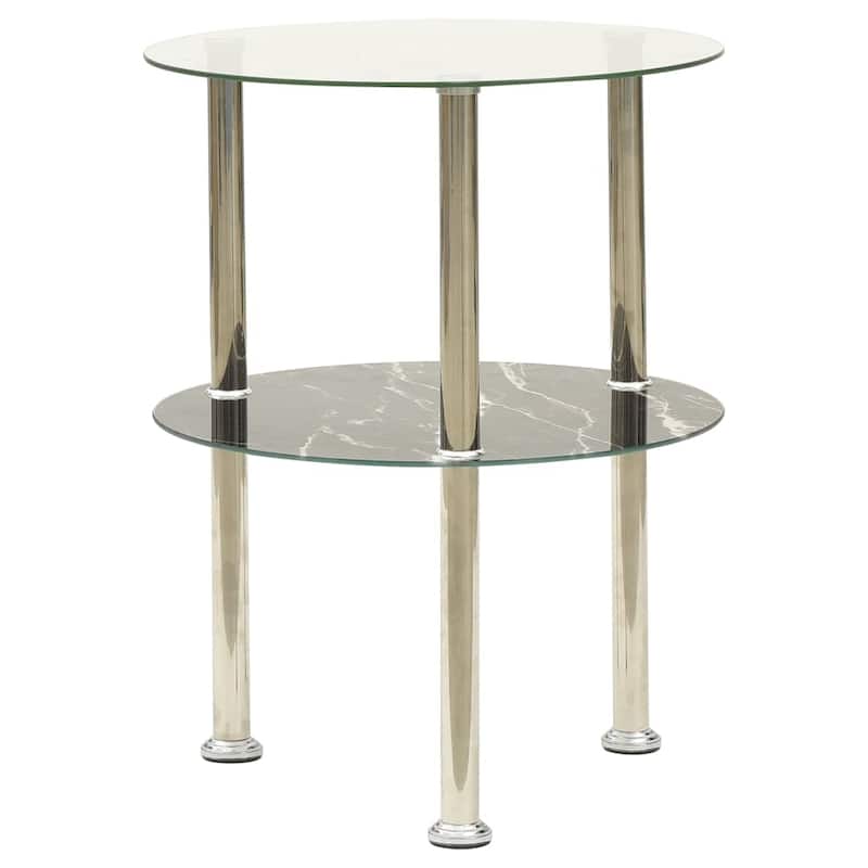 vidaXL 2-Tier Side Table Transparent & Black Marble 15" Tempered Glass - 15" x 19.7"