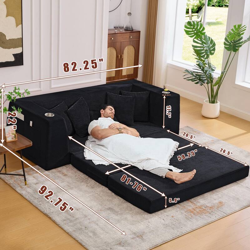 Modern Convertible Loveseat Sofa Bed, Corduroy Fabric Foldable Floor Couch w/5 Pillows, Side Pockets & Cup Holders, No Assembly