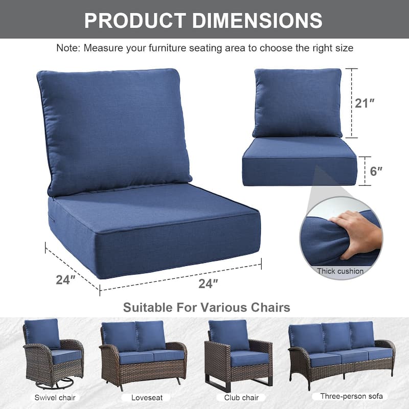 Gymojoy 24"x24"x6" Thick Cushions & Pillows Set - Deep Seat Indoor/Outdoor Water & Fade Resistant