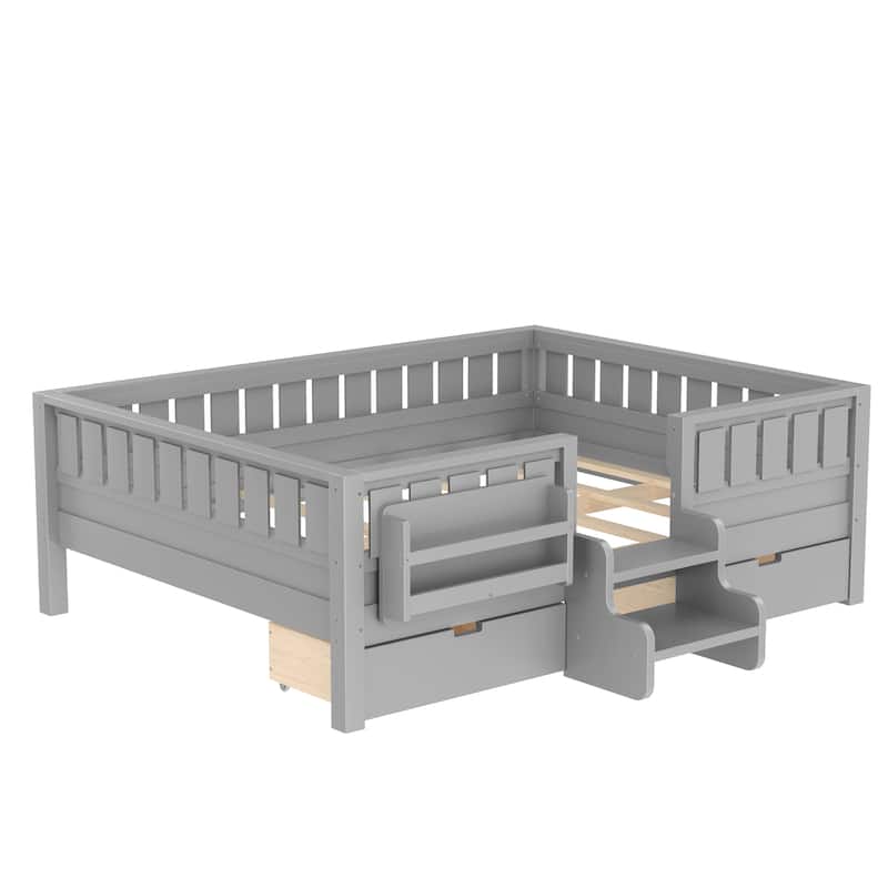 Multiple Colors Toddler Montessori Bed Children's Platform Bed with Low Profile Stairs, Built-in Bookshelf and Storage Drawers