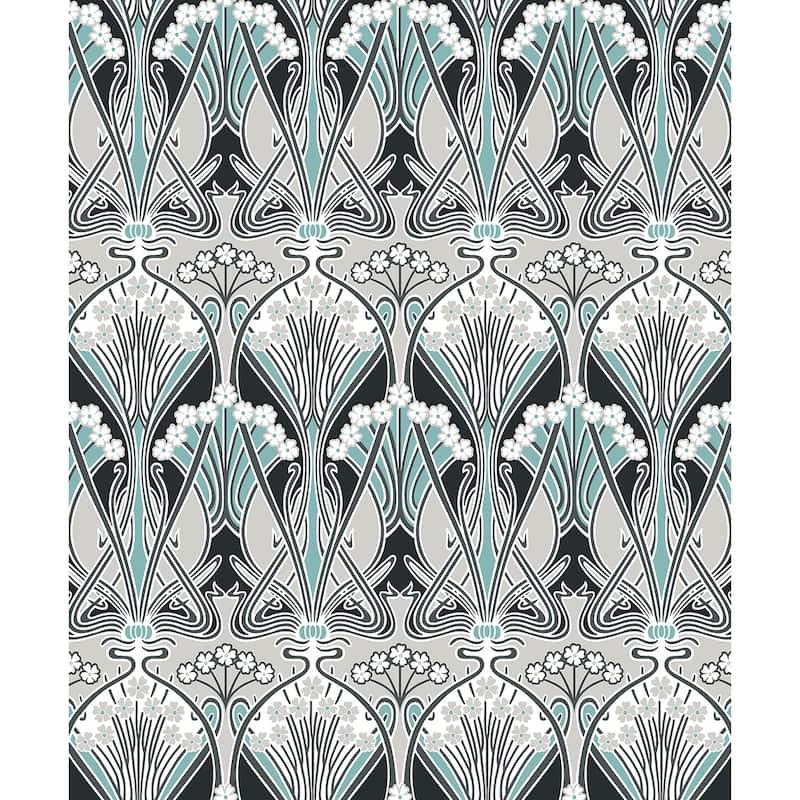 Seabrook Designs Dragonfly Damask Nonwoven Unpasted Wallpaper - 20.9 in. W x 33 ft. L - Ebony & Aqua