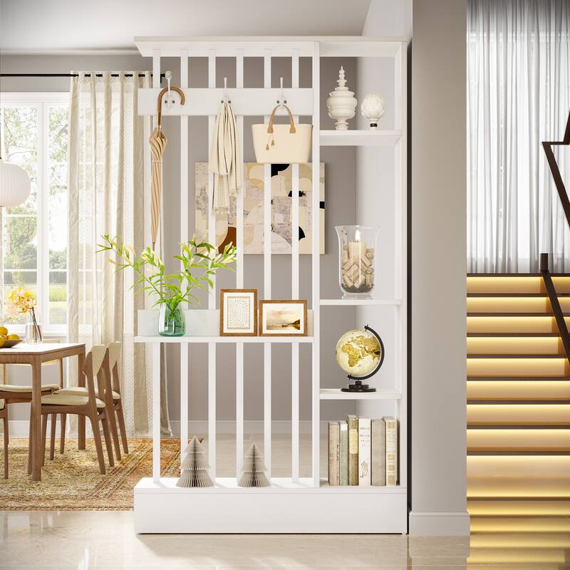 71" Wall Room Divider with Shelves & Coat Hooks