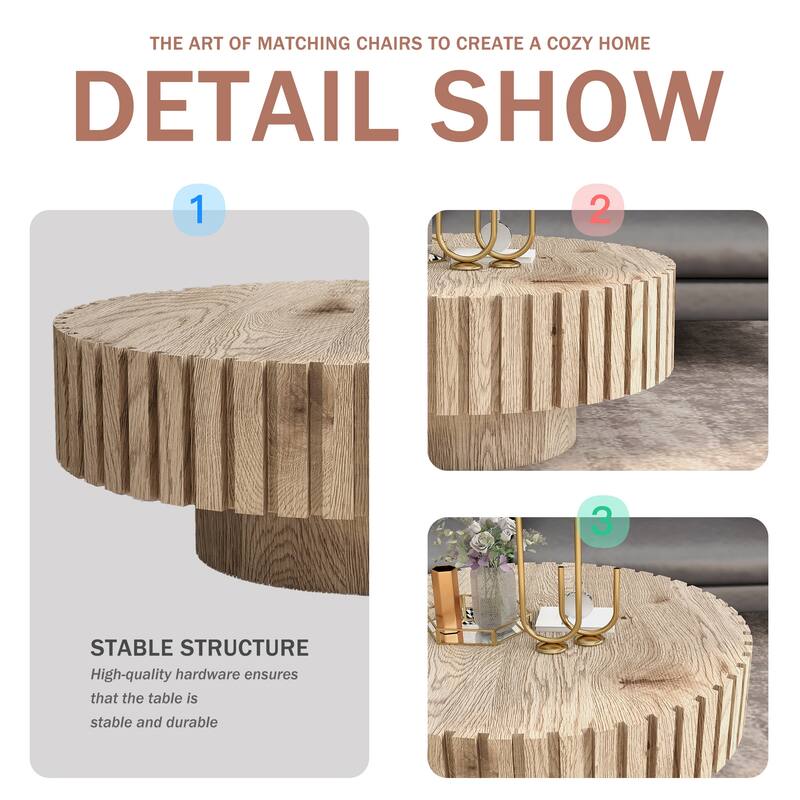Round Coffee Table Wood, Modern Unique Circle Coffee Table, Contemporary Drum Fluted Accent Side Table Center