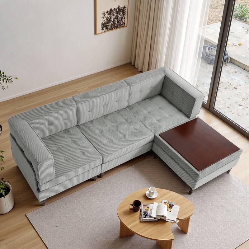 UIXE 4 - Piece Corduroy Sectional Sofa with Flip-Top Storage Ottoman Coffee Table
