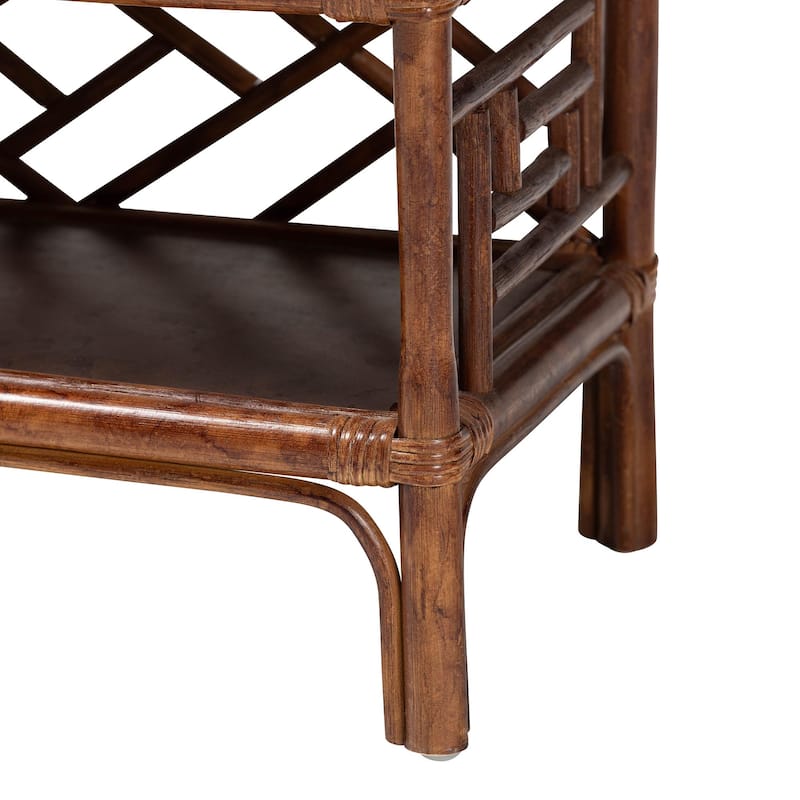 Daemyn Marbled Tortoise Natural Rattan Nightstand - Handcrafted Wicker Bedside Table with Drawer and Open Shelving