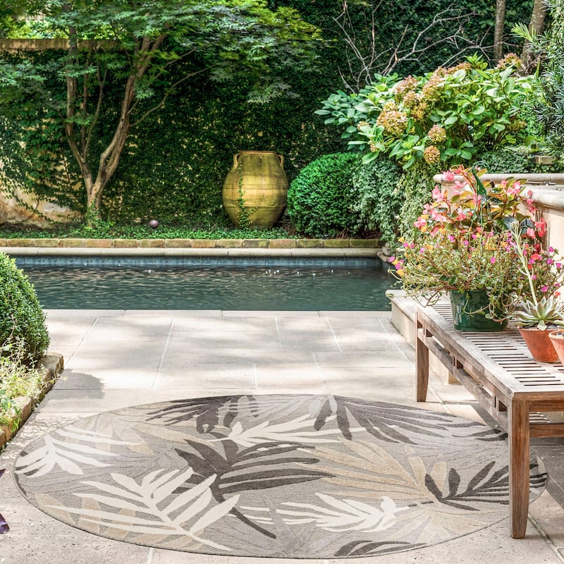 Origin Coastal Floral Indoor/Outdoor Area Rug. - 5'3'' Round - Gray/Beige
