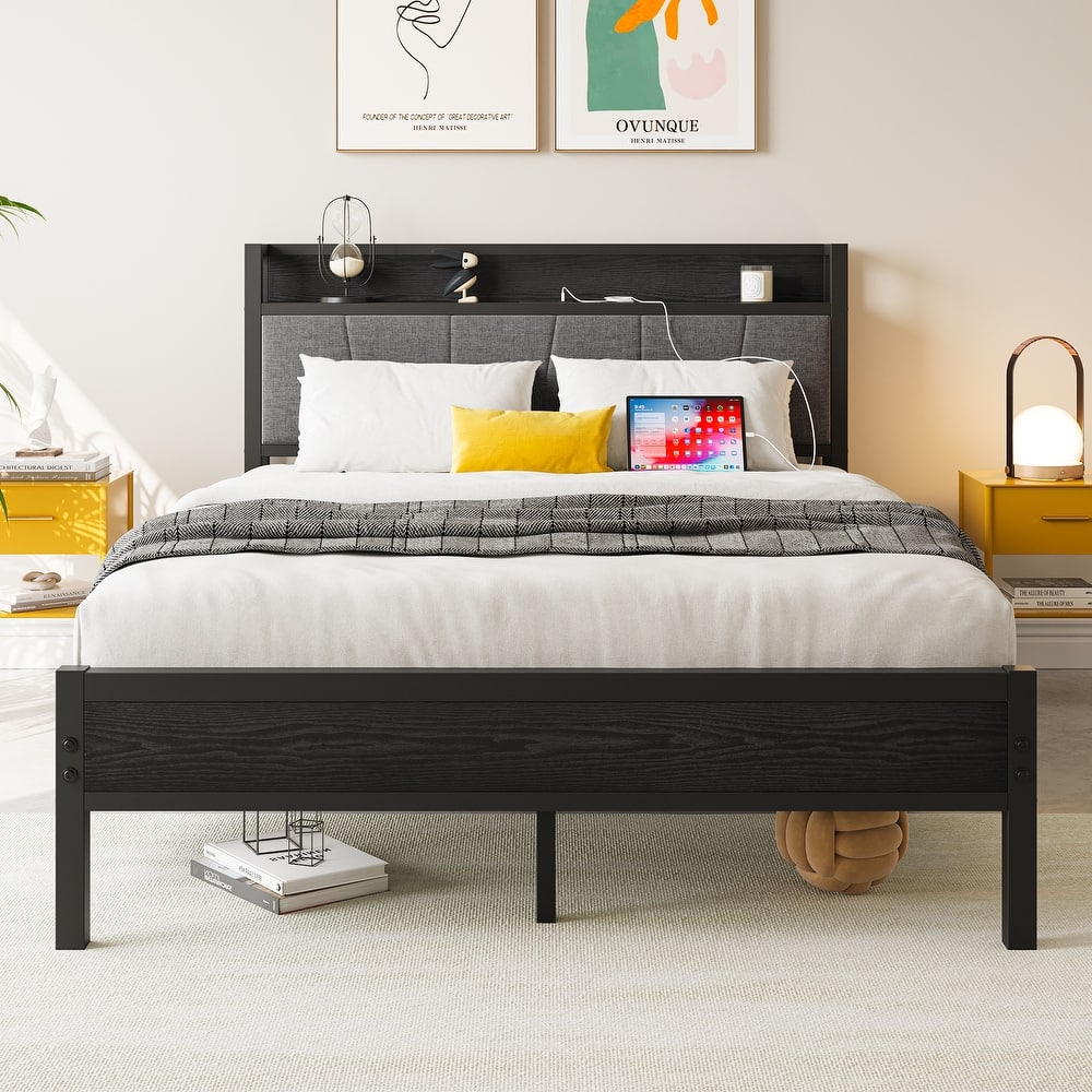 Platform Bed Metal Bed Frame, Storage Headboard with Charging Station, Under Bed Storage Clearance, Noise-Free, Easy Assembly