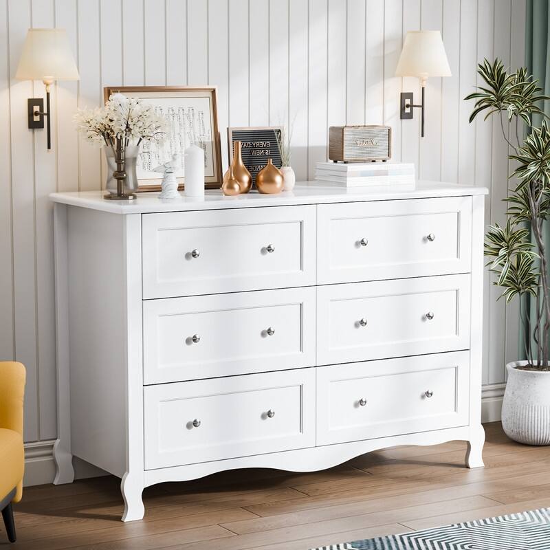 White P2 Density Board Painted 47.2in 6-Drawer French Curved Legs