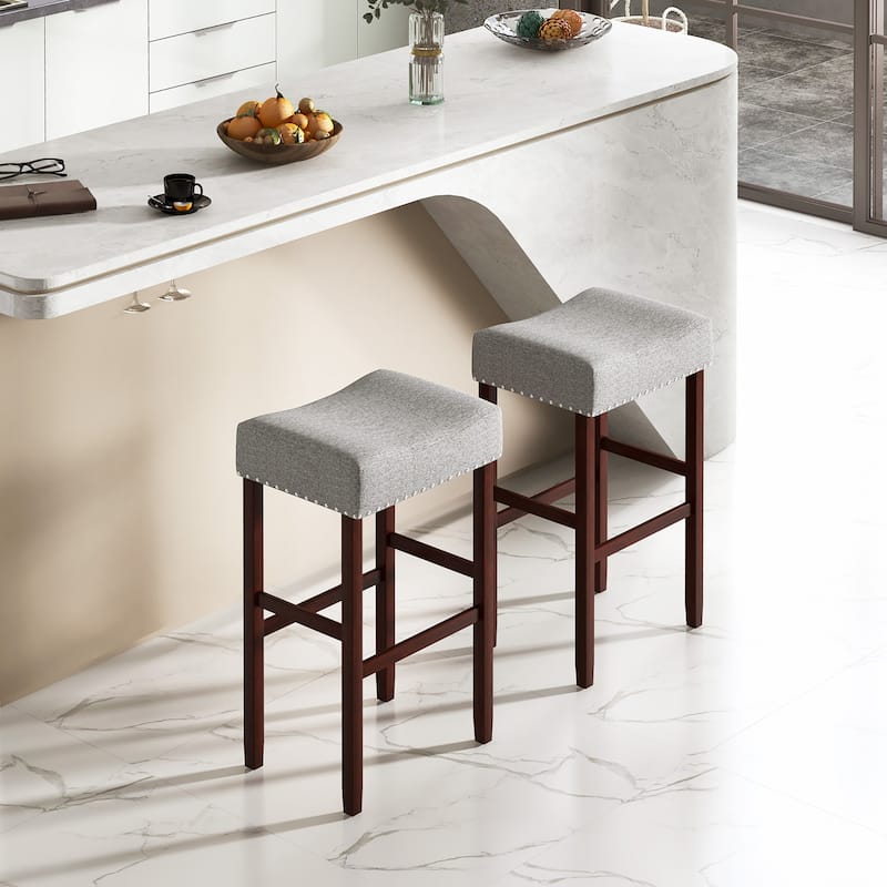 Gymax Set of 4 Bar Stools Bar Height Saddle Kitchen Chairs w/ Wooden