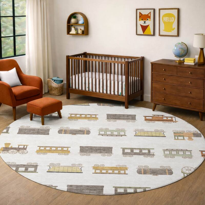 Machine Washable Indoor/ Outdoor Modern Train Chantille Rug