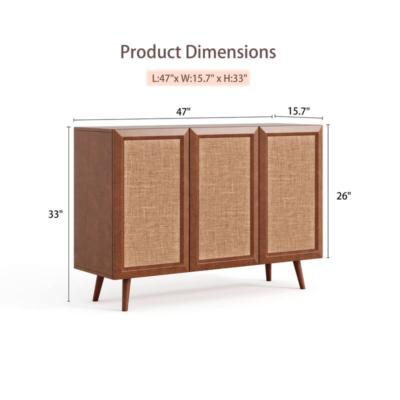 Boho Rattan Buffet Cabinet Sideboard, Wood Kitchen Storage Cabinet Accent Cabinet Media Console Table for Living Dining Room