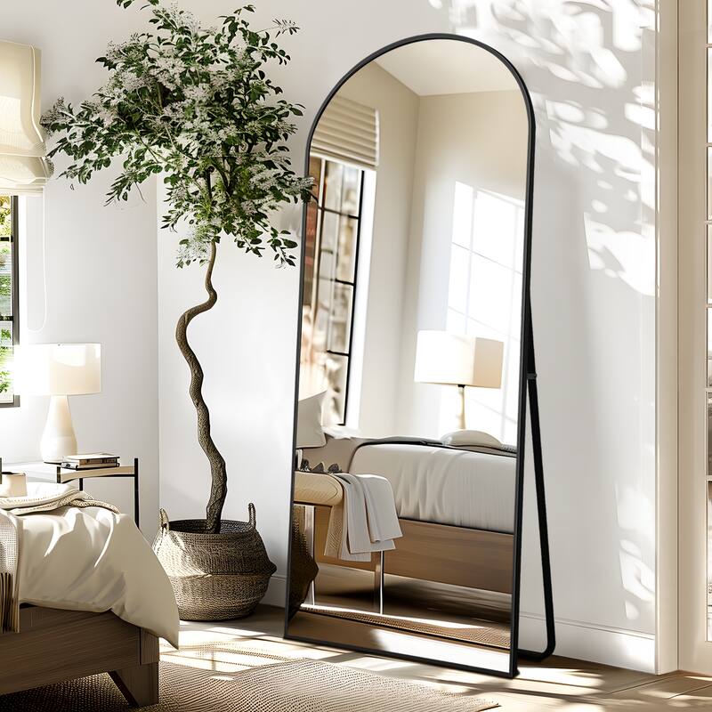Full Length Mirror with Stand Arched Full Body Mirror Aluminum Frame Floor Freestanding Hanging Leaning Mounted - Black - 64 in.H x 24 in.W