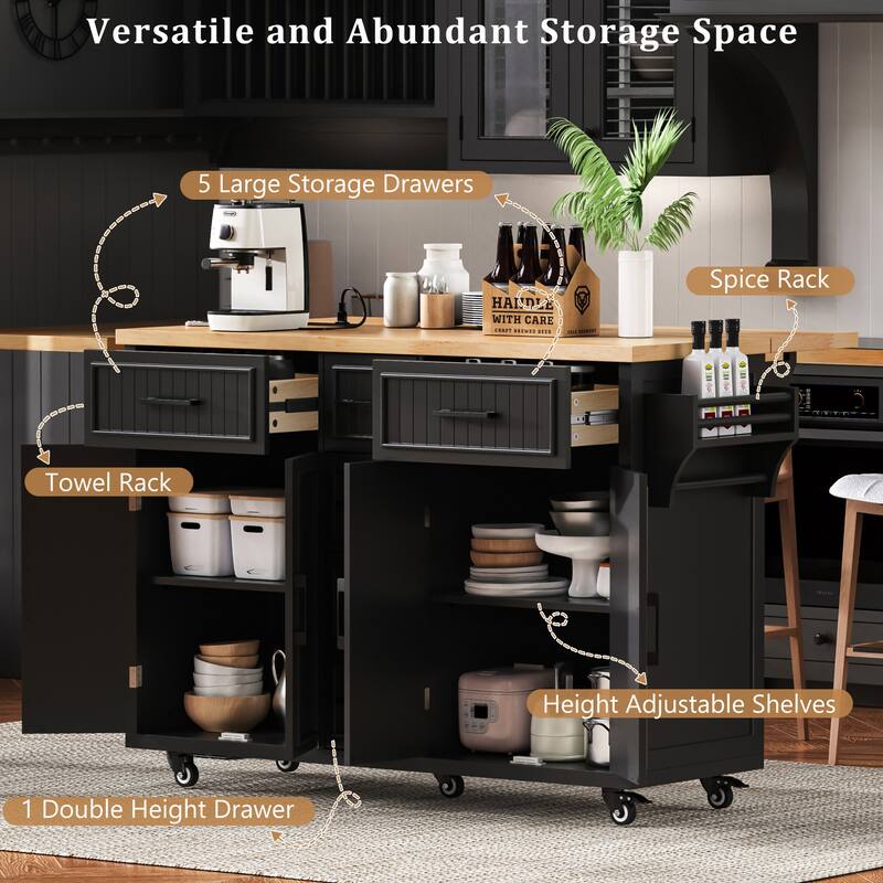 56.5'' Kitchen Island with Drop Leaf, Power Outlet