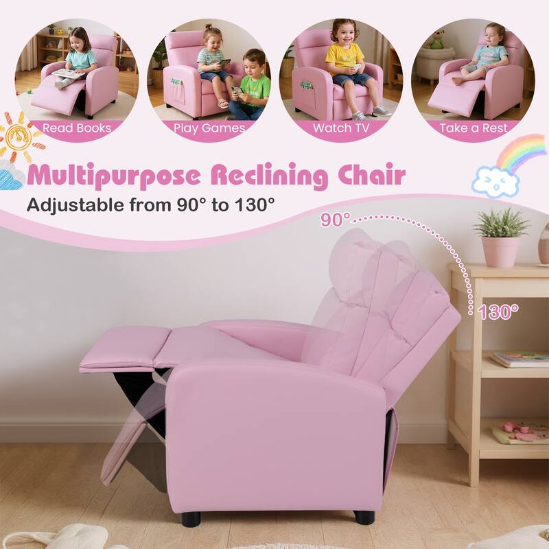 Pink Adjustable Reclining PU Leather Cushion Seat Chair for Kids with Footrest and Storage Pocket