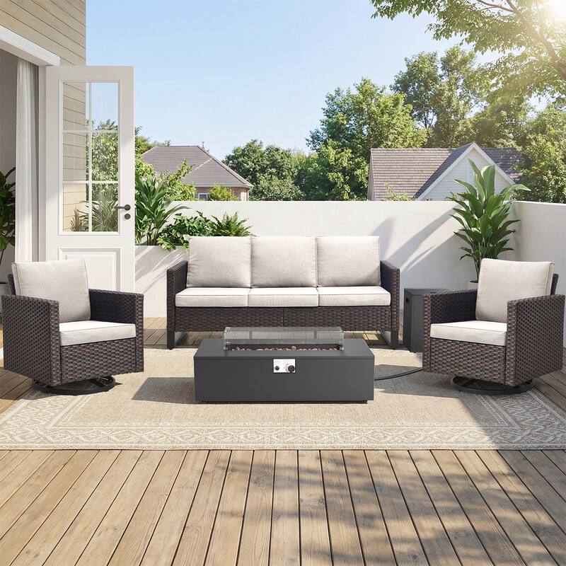 Pocassy Patio 5/7PCS Sofa Swivel Chair Ottoman with Fire Pit Table - Brown Wicker Beige Cushion - 5-Piece Sofa Swivel Chair with Fire Pit Table