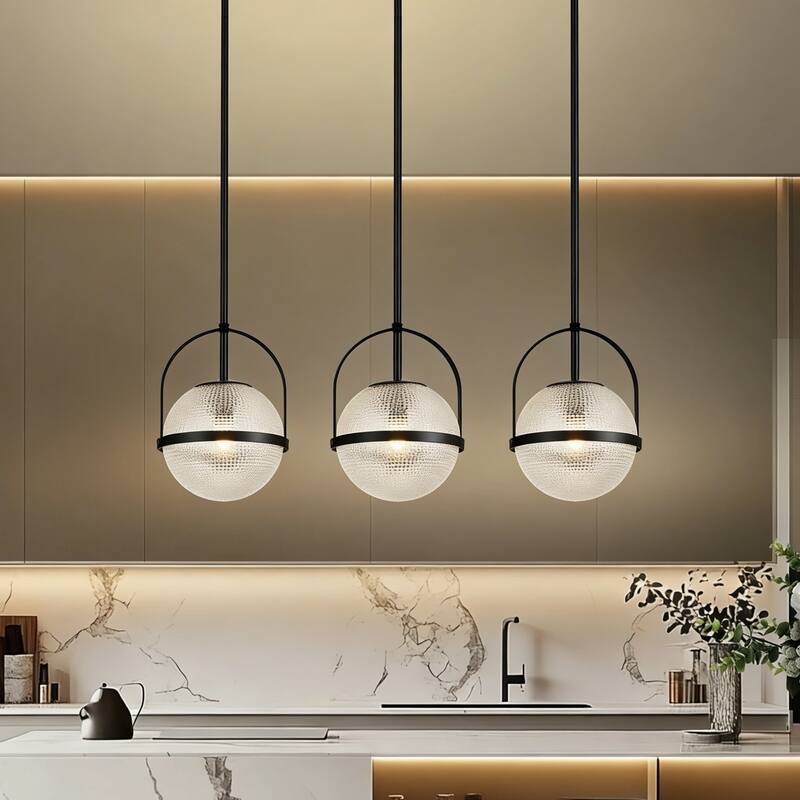 1-Light Modern Industrial Black Metal/Gold Pendant Light with Textured Glass Globe Shade for Kitchen Island Dining Room