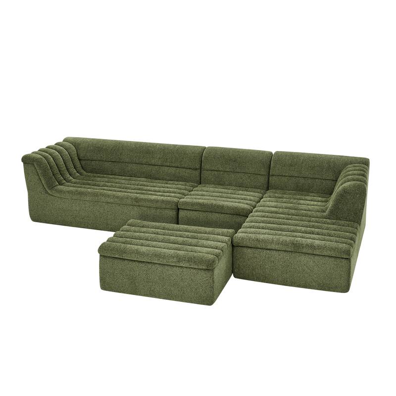 Roomfitters U-Shaped Modular Sectional Sofa with Chaise and Movable Ottoman, Chenille Upholstery and Wave-Shaped Armrest