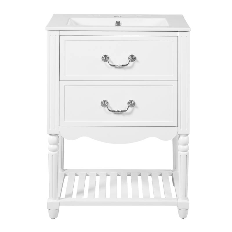 24" Bathroom Vanity with Ceramic Sink, Drawers and an Open Shelf