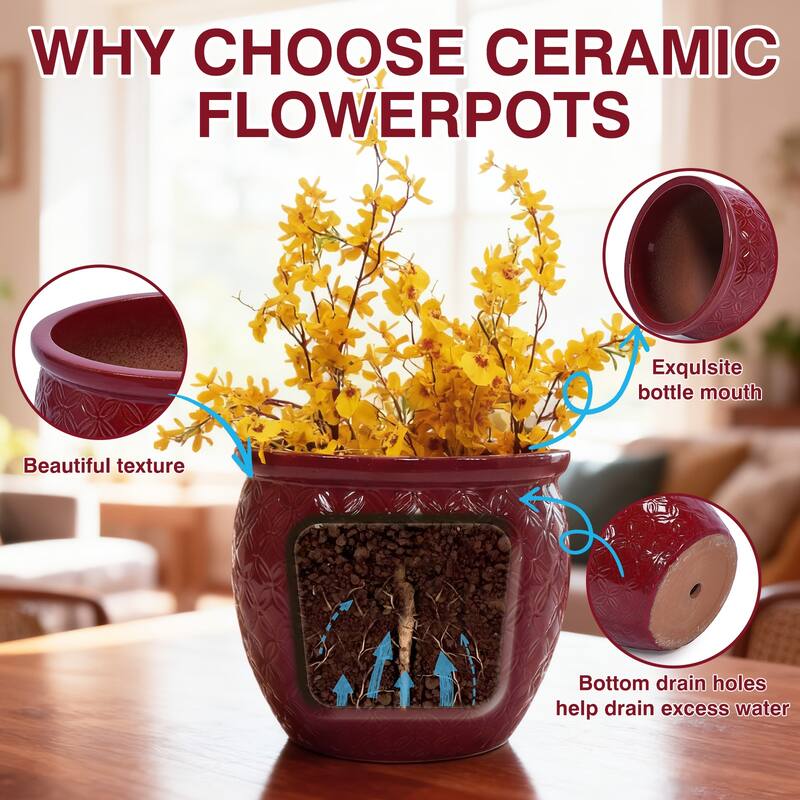 3 Pack Handmade Glazed Ceramic Planter, Ring Pattern Planter Pot