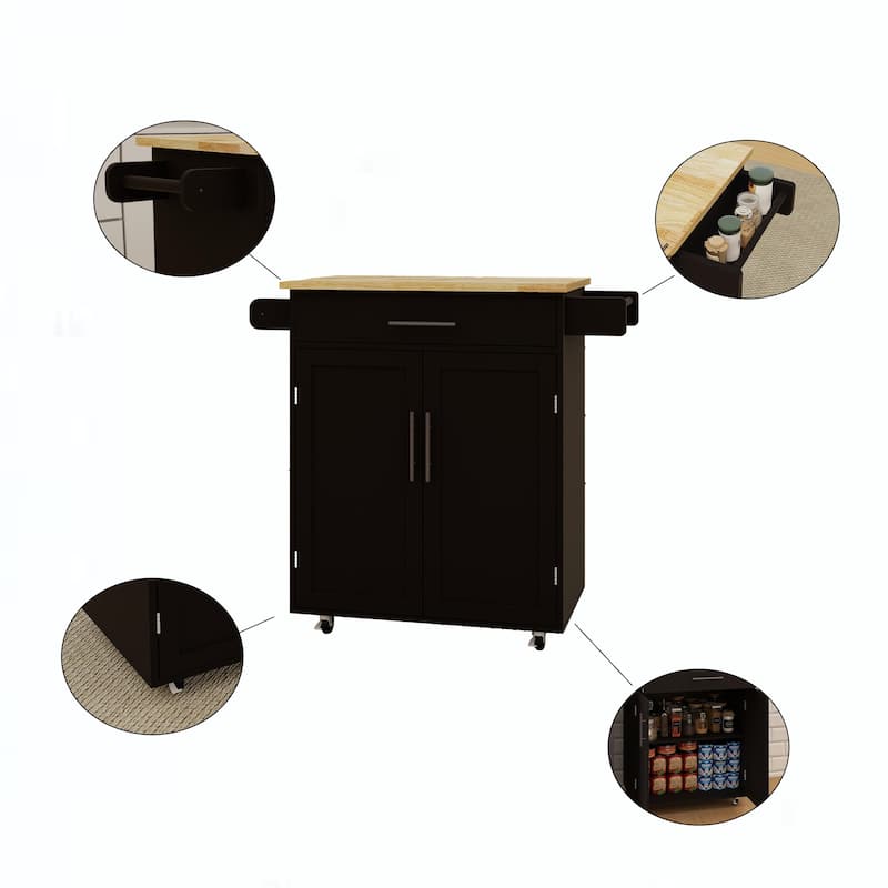 Rolling Kitchen Island with Rubber Wood Table Top, Kitchen Island Cart on Wheels with Adjustable Shelf, 1 Drawer & 2 Doors