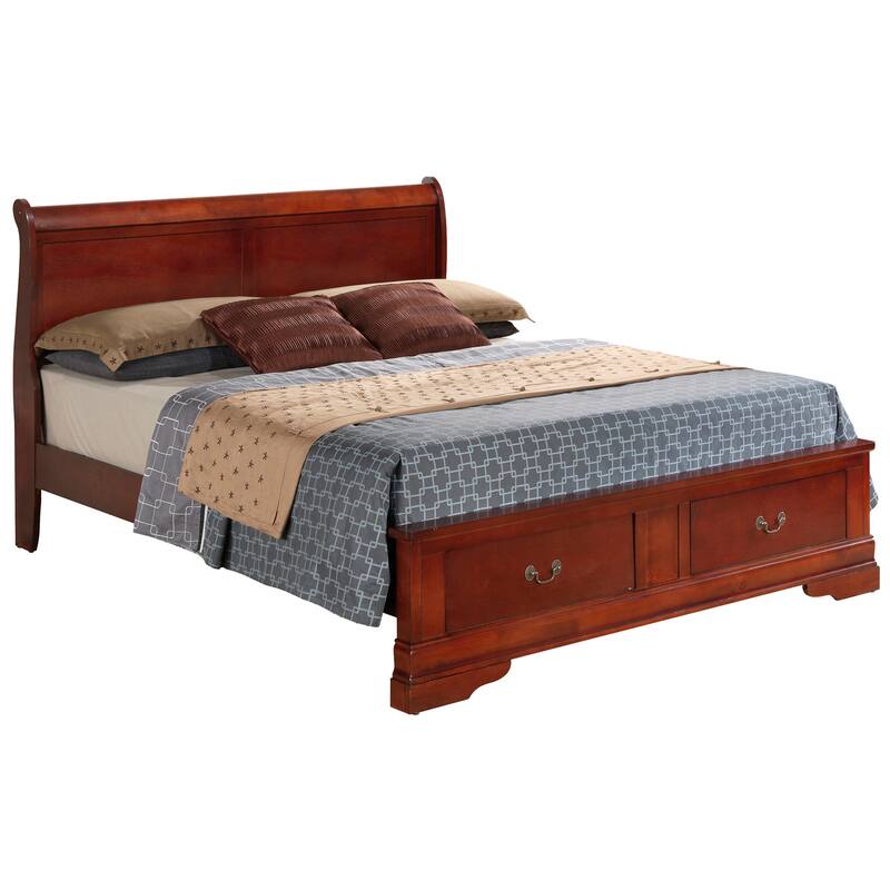 Cherry Sleigh Bed with Storage - Wood Bed Frame & Footboard Drawers - Design