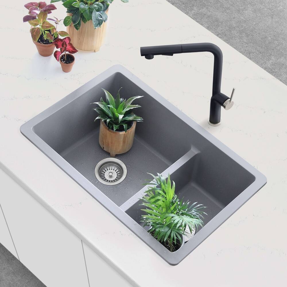 STYLISH 27 inches L x 18 inches W Double Bowl 60/40 Dual Mount Composite Granite Kitchen Sink - 27" x 18" x 9.5"