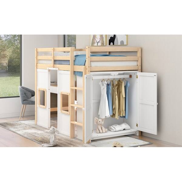 slide 2 of 18, Twin Size Wooden Loft Bed with Built-in Storage Wardrobe and 2 Windows,Playful Design Natural+White