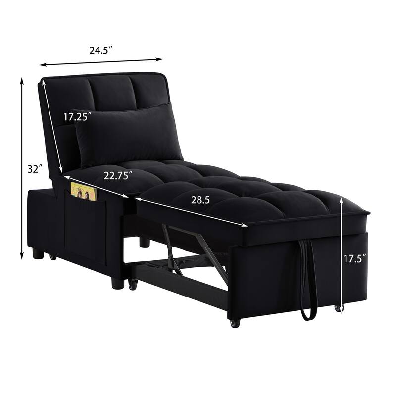 Velvet Multi-Function Chair Bed with Adjustable Backrest, Storage Pockets and Convertible Chaise Design