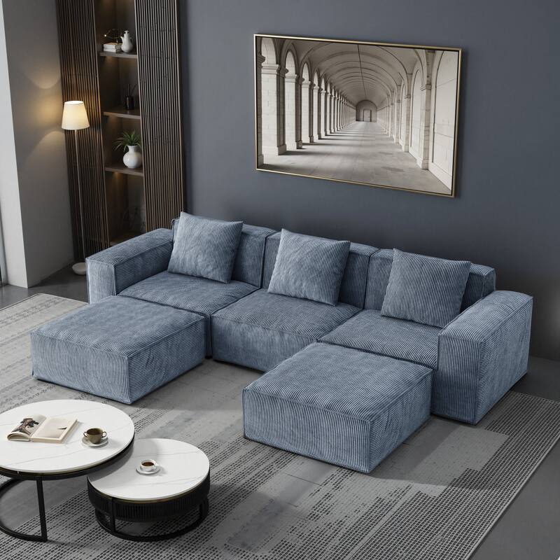Chenille Fabric Sectional Sofa for Living Room,Tofu Block Sofa Floor Sofa - Blue - 3 Seater with 2 Ottomans