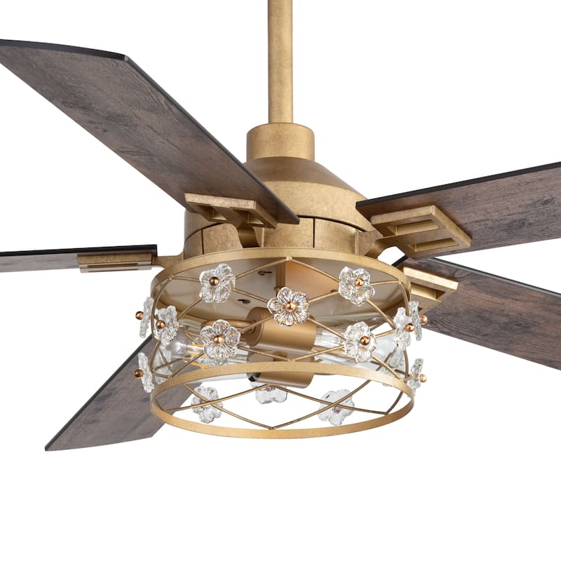 52" Reversible 5-Blade Farmhouse Glam Floral Glass Caged Ceiling Fan with Light and Remote