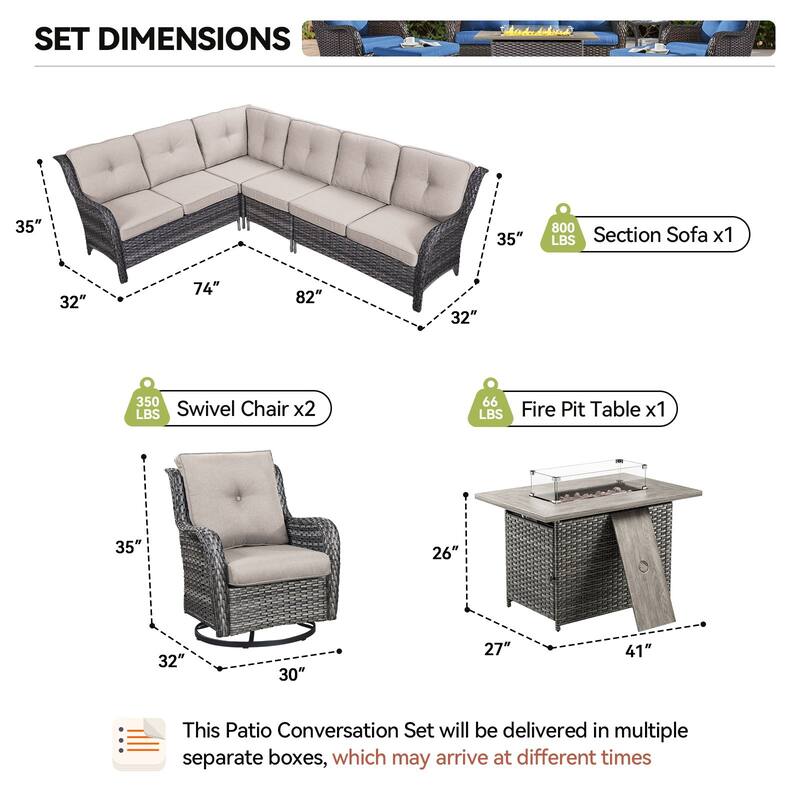 Outdoor 2 Sectional Sofa with Fire Pit Table Set