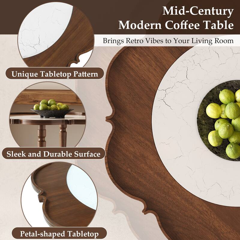 Roomfitters Mid-Century Coffee Table, Petal Shape Accent Table with Rattan Shelf and White Glass Top, Walnut